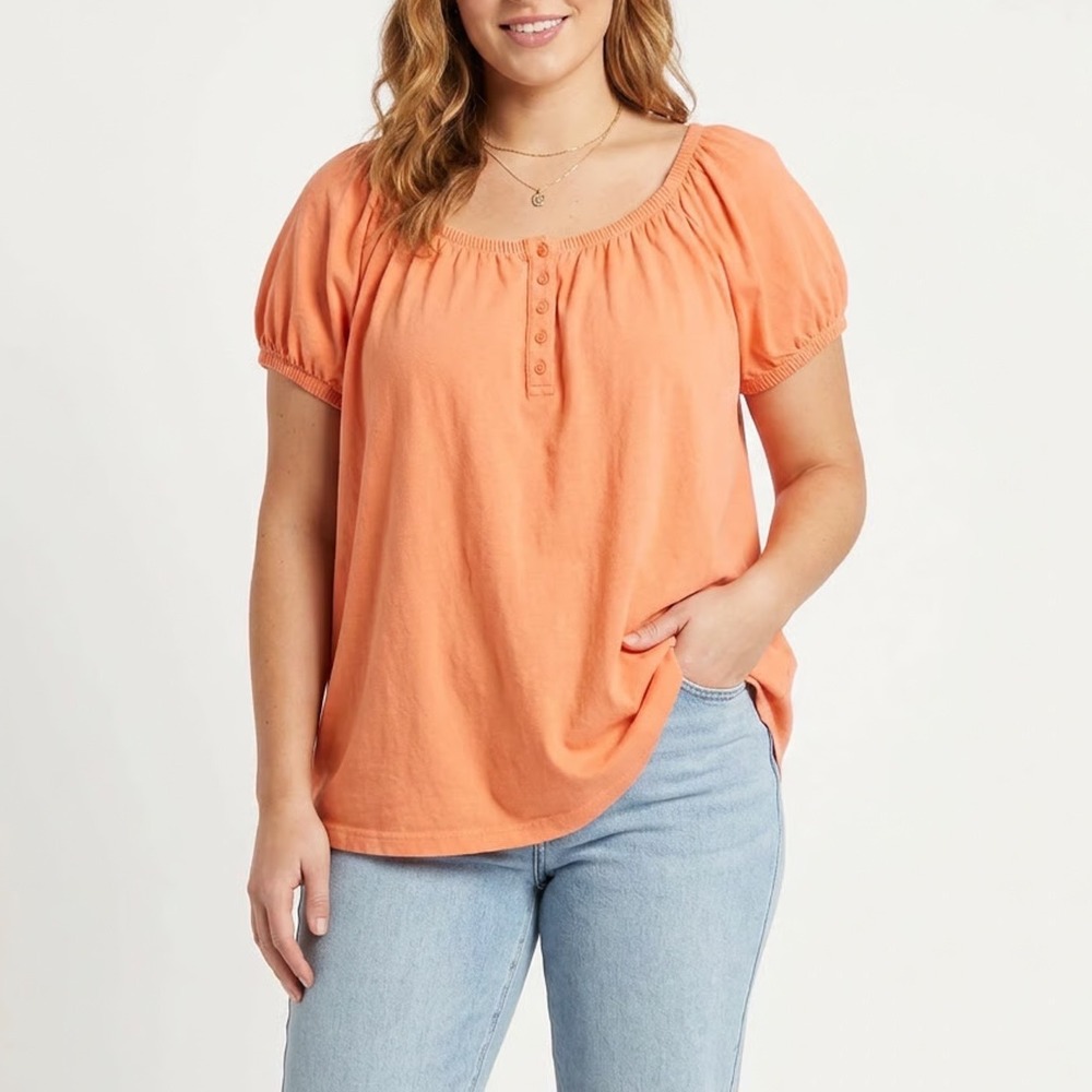 Mainstreet Blues Womens 1X Orange Cotton Short Sleeve Peasant Henley Top